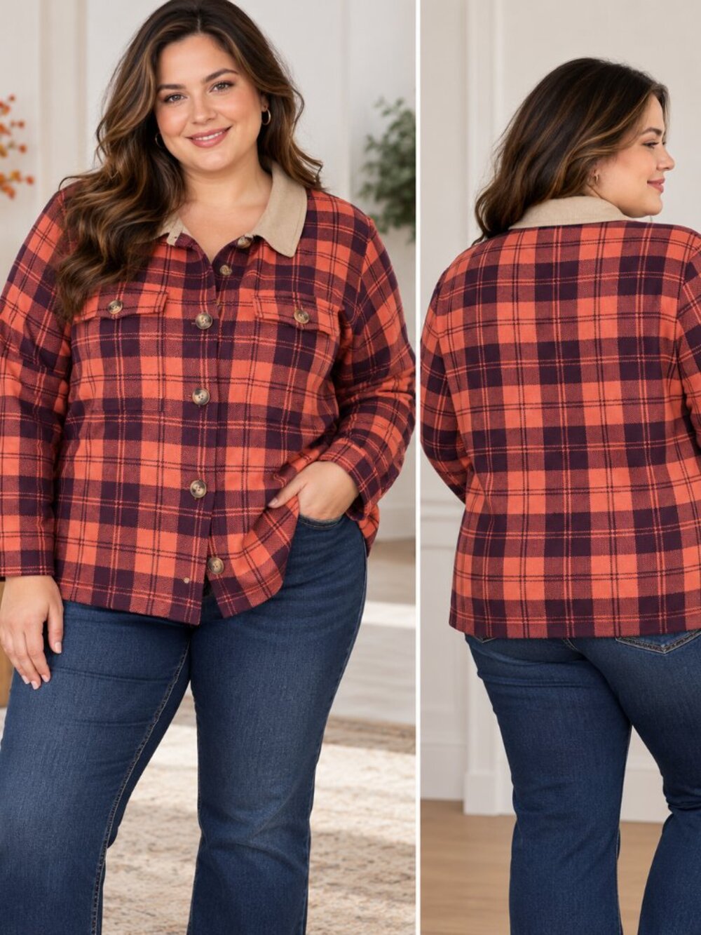 Lane Bryant Plaid Button Front Cardigan Plus Size 22/24 Orange Tan Collared